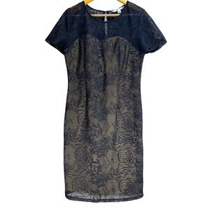 AA Studio Black Lace Overlay Sheath Dress Size 8 Short Sleeve Elegant Cocktail